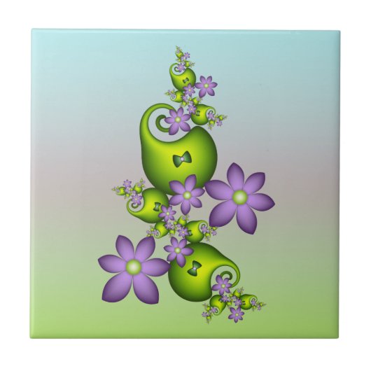 Floral Fantasy Lila Flowers Green Shapes Fractal Tegeltje (Voorkant)