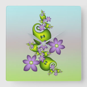 Floral Fantasy Lila Flowers Green Shapes Fractal Vierkante Klok