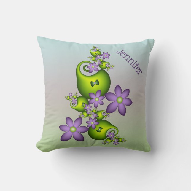 Floral Fantasy Lila Flowers Green Shapes Name Kussen (Voorkant)