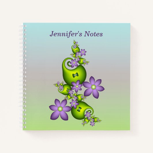 Floral Fantasy Lila Green Flowers Fractal Name Notitieboek (Voorkant)