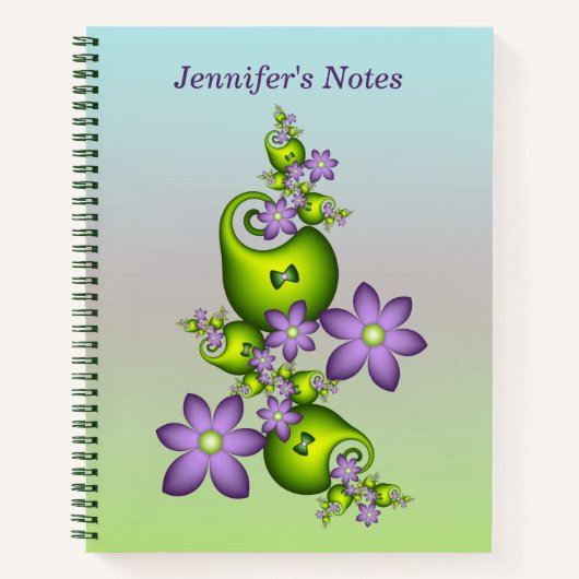 Floral Fantasy Lila Green Flowers Fractal Name Notitieboek (Voorkant)