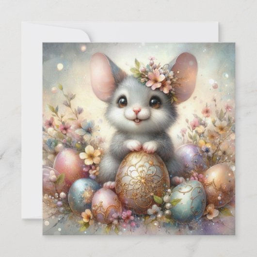 Floral Fantasy met Schattigee Paasmuis en Eieren Feestdagenkaart (Voorkant)