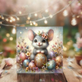 Floral Fantasy met Schattigee Paasmuis en Eieren Feestdagenkaart