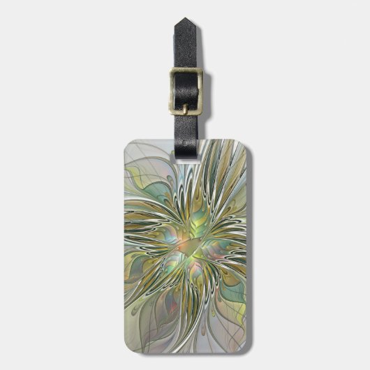 Floral Fantasy Modern Fractal Art Flower met Gold Bagagelabel (Voorkant verticaal)