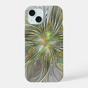 Floral Fantasy Modern Fractal Art Flower met Gold iPhone 15 Case