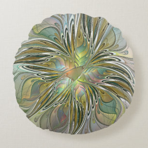 Floral Fantasy Modern Fractal Art Flower met Gold Rond Kussen