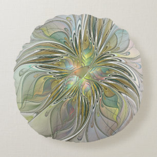 Floral Fantasy Modern Fractal Art Flower met Gold Rond Kussen