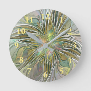Floral Fantasy Modern Fractal Art Flower met Gold Ronde Klok