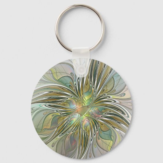 Floral Fantasy Modern Fractal Art Flower met Gold Sleutelhanger (Voorkant)