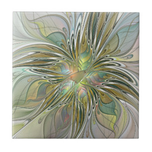 Floral Fantasy Modern Fractal Art Flower met Gold Tegeltje