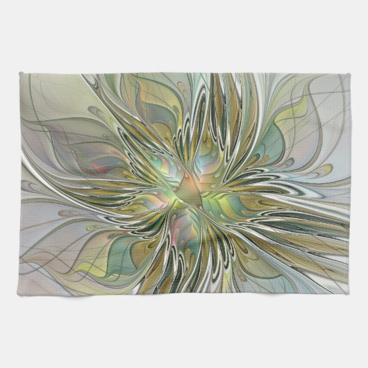 Floral Fantasy Modern Fractal Art Flower met Gold Theedoek (Horizontaal)