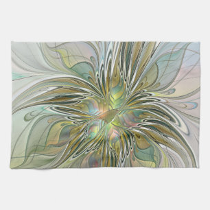 Floral Fantasy Modern Fractal Art Flower met Gold Theedoek