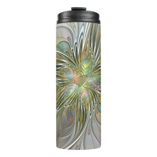 Floral Fantasy Modern Fractal Art Flower met Gold Thermosbeker (Voorkant)