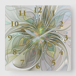 Floral Fantasy Modern Fractal Art Flower met Gold Vierkante Klok