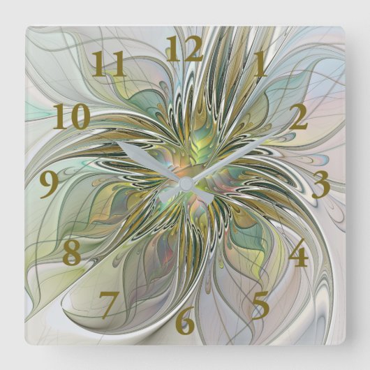 Floral Fantasy Modern Fractal Art Flower met Gold Vierkante Klok (Voorkant)