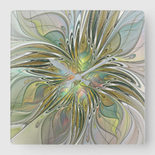Floral Fantasy Modern Fractal Art Flower met Gold Vierkante Klok