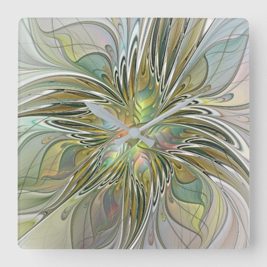 Floral Fantasy Modern Fractal Art Flower met Gold Vierkante Klok (Voorkant)
