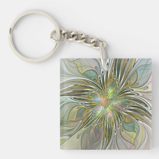 Floral Fantasy Modern Fractal Art Flower With Gold Sleutelhanger (Voorkant)