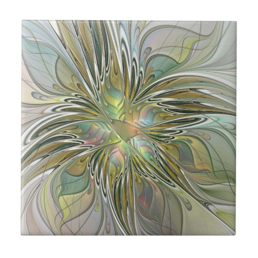 Floral Fantasy Modern Fractal Art Flower With Gold Tegeltje (Voorkant)
