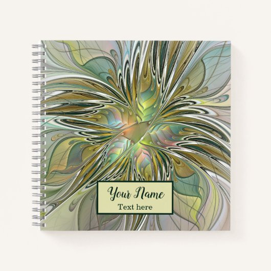 Floral Fantasy Modern Fractal Flower W. Gold Name Notitieboek (Voorkant)