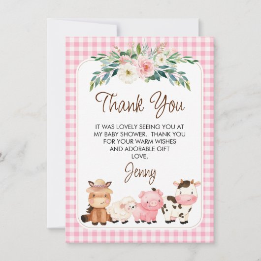 Floral Farm Animals Baby shower Dank u kaart (Voorkant)