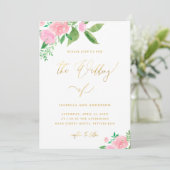  Floral Faux Gold Calligraphy Wedding Kaart (Staand voorkant)