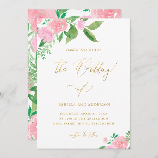  Floral Faux Gold Calligraphy Wedding Kaart (Voorkant / Achterkant)