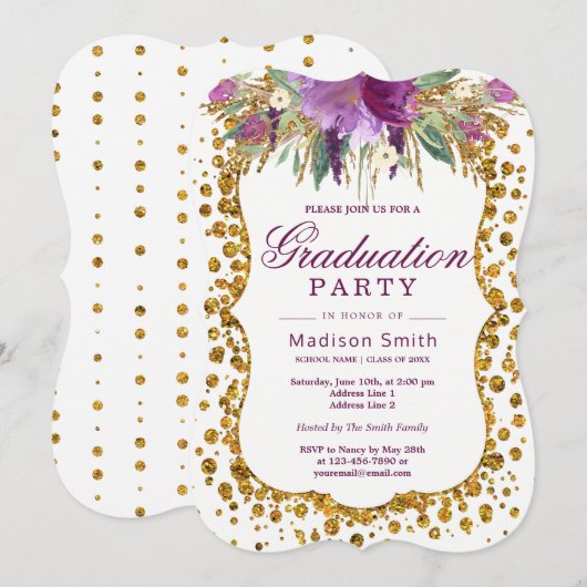 Floral Faux Gold Glitter Confetti Graduation Party Kaart (Voorkant / Achterkant)