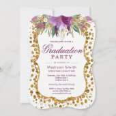 Floral Faux Gold Glitter Confetti Graduation Party Kaart (Voorkant)