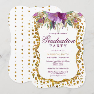 Floral Faux Gold Glitter Confetti Graduation Party Kaart
