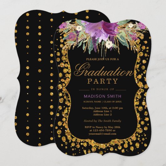 Floral Faux Gold Sparkle Confetti Afstudeerfeest Kaart (Voorkant / Achterkant)