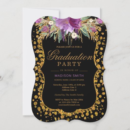 Floral Faux Gold Sparkle Confetti Afstudeerfeest Kaart (Voorkant)