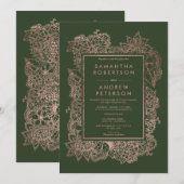 Floral faux roos gold lijst hunter groene bruiloft kaart (Voorkant / Achterkant)
