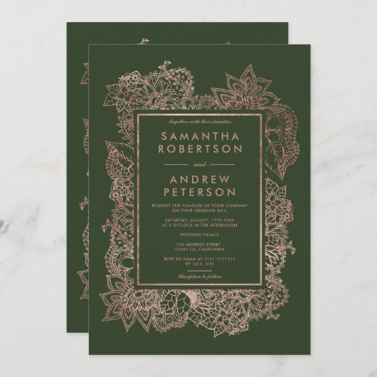 Floral faux roos gold lijst hunter groene bruiloft kaart (Voorkant / Achterkant)