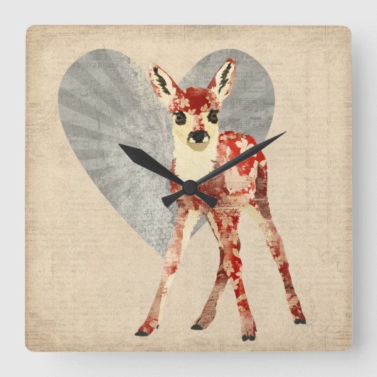 Floral Fawn Clock Vierkante Klok (Voorkant)