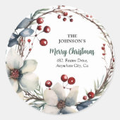Floral Feestelijke Kerstkrans Retouradres Ronde Sticker (Voorkant)