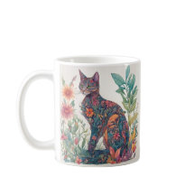 Floral Feline Cat Kleurrijke Geïllustreerde Mok
