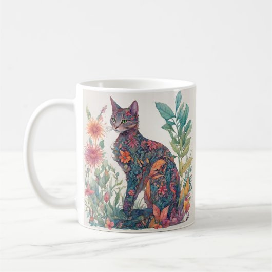 Floral Feline Cat Kleurrijke Geïllustreerde Mok (Links)
