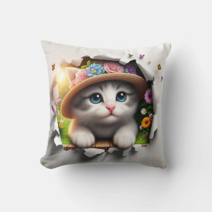 Floral Feline Fantasy: een grillig kattenportret Kussen
