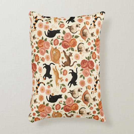Floral Felines: Cozy Cats & Blooms Pattern Accent Kussen (Voorkant(Verticaal))
