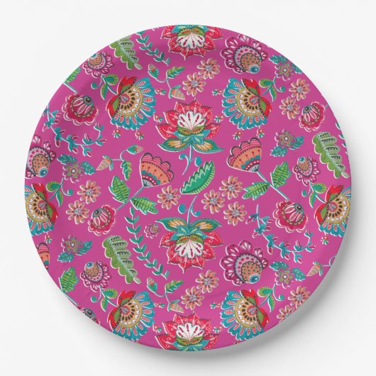 Floral felroze folk Mexicaanse boho bruiloft Papieren Bordje (Voorkant)