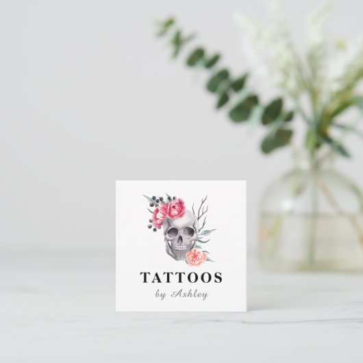 Floral Feminine Skull Girly Tattoo Artist Modern Vierkante Visitekaartje (Staand voorkant)