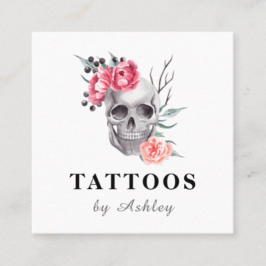 Floral Feminine Skull Girly Tattoo Artist Modern Vierkante Visitekaartje (Voorkant)
