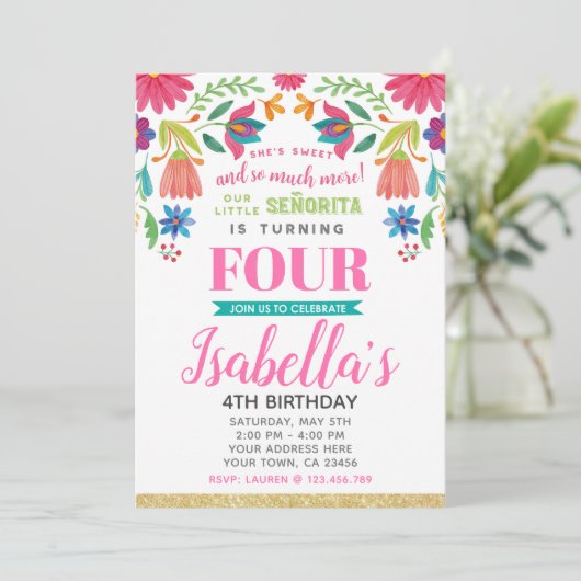 Floral Fiesta 4th Birthday Invitation Kaart (Staand voorkant)