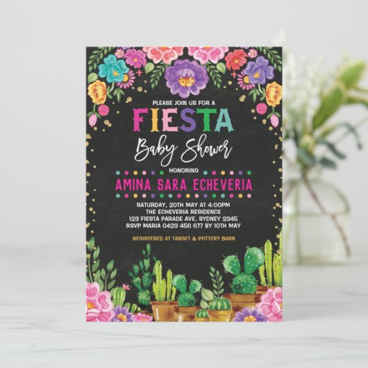 Floral Fiesta Baby shower Mexican Flowers Invite Kaart (Staand voorkant)