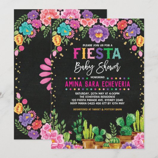 Floral Fiesta Baby shower Mexican Flowers Invite Kaart (Voorkant / Achterkant)
