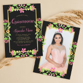 Floral Fiesta Black Gold Quinceanera Foto Kaart