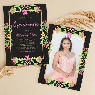 Floral Fiesta Black Gold Quinceanera Foto Kaart