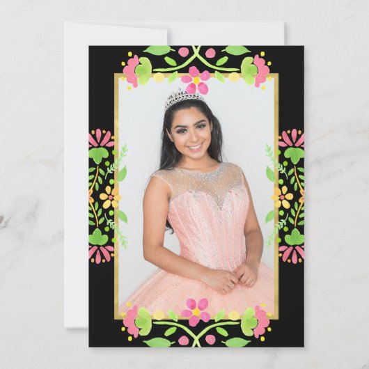 Floral Fiesta Black Gold Quinceanera Foto Kaart (Achterkant)
