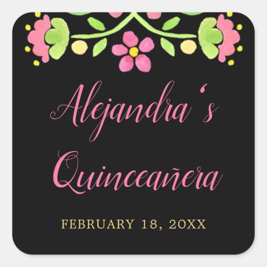 Floral Fiesta Black Gold Quinceanera Vierkante Sticker (Voorkant)